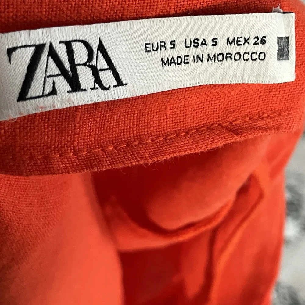 Zara Red Orange Linen Romper Womens Small V Neck Open Back Elastic Waist